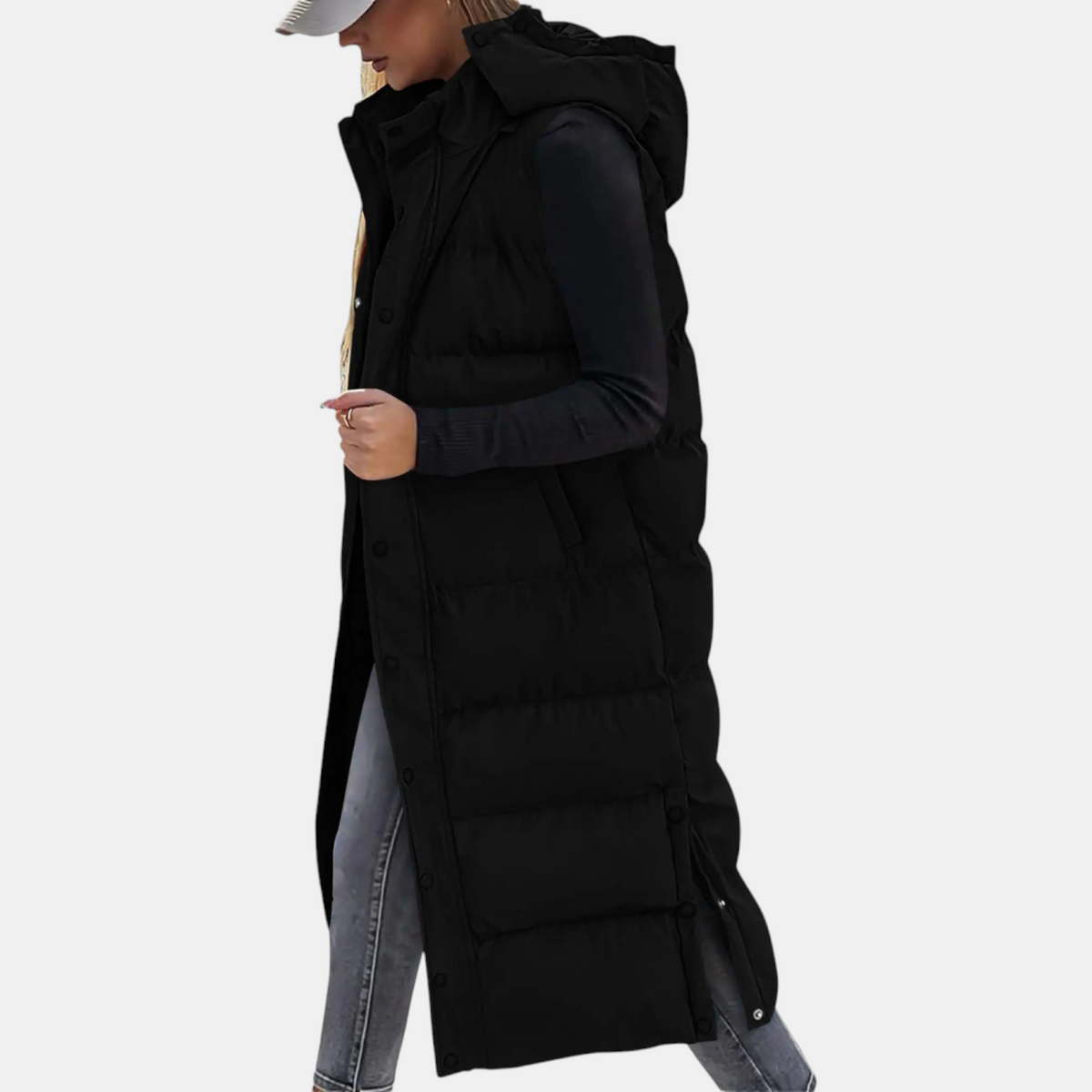 Kacob | Women's Long Hooded Gilet – Midi Puffer Body Warmer with Side Slits