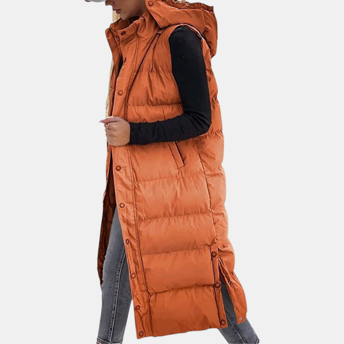 Kacob | Women's Long Hooded Gilet – Midi Puffer Body Warmer with Side Slits