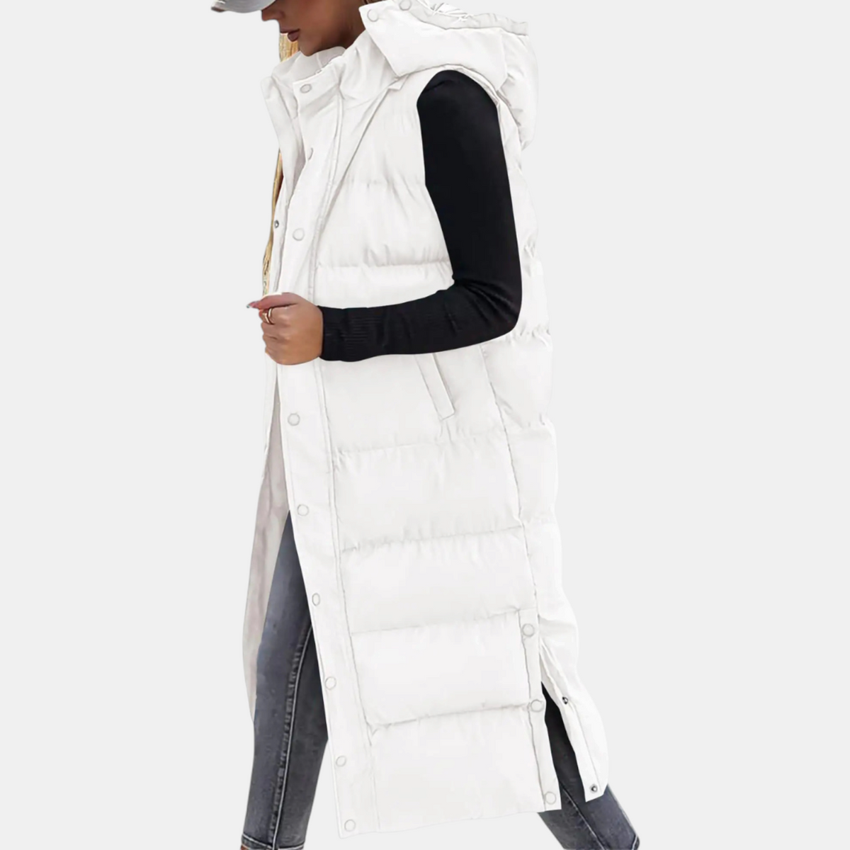 Kacob | Women's Long Hooded Gilet – Midi Puffer Body Warmer with Side Slits