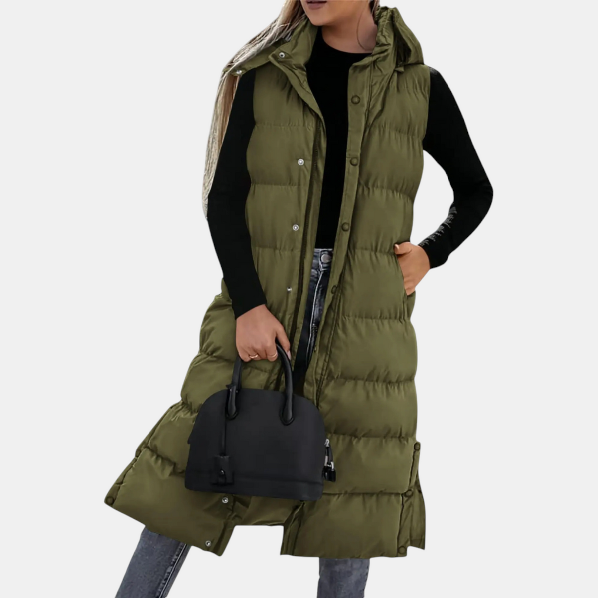 Kacob | Women's Long Hooded Gilet – Midi Puffer Body Warmer with Side Slits