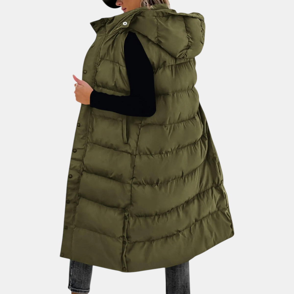 Kacob | Women's Long Hooded Gilet – Midi Puffer Body Warmer with Side Slits