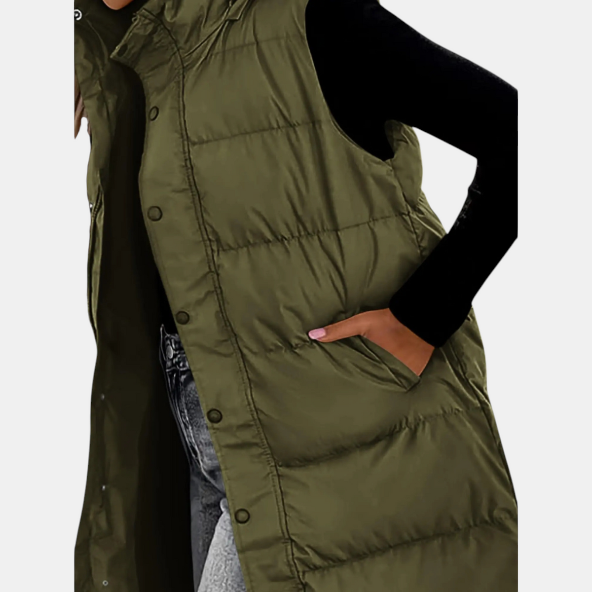 Kacob | Women's Long Hooded Gilet – Midi Puffer Body Warmer with Side Slits