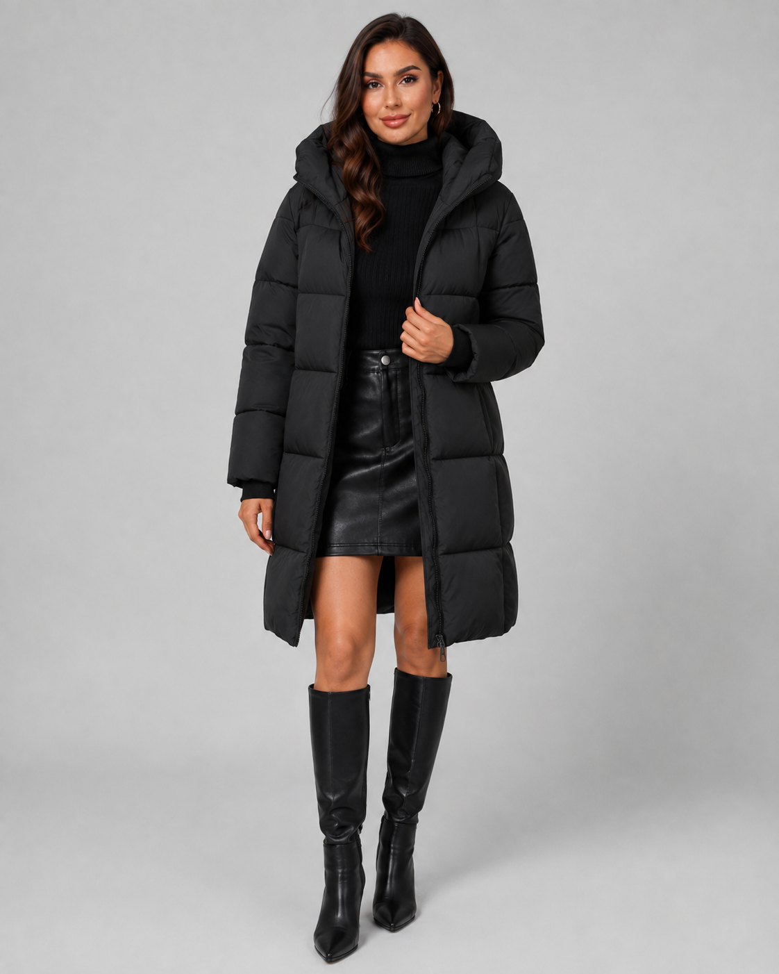 Women's Long Hooded Puffer Coat – Knee Length Quilted Zip Front Winter Coat