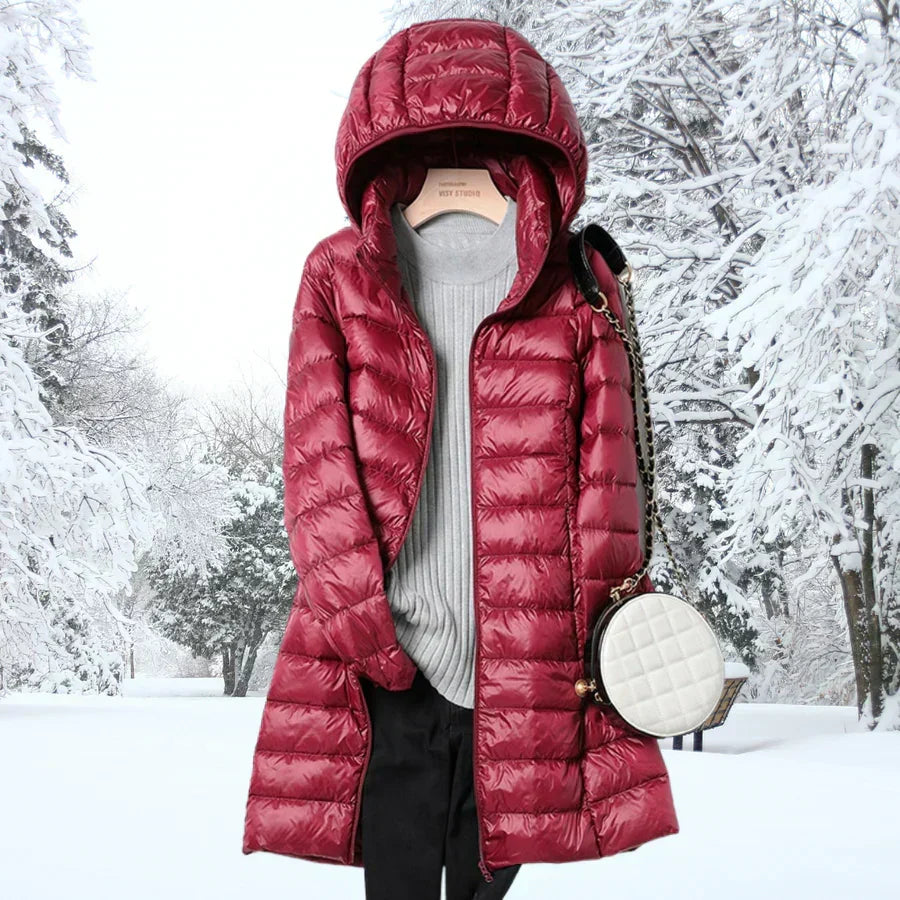 Kacob | Women's Long Hooded Puffer Coat – Slim Quilted Winter Coat