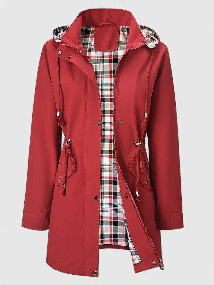 Women's Long Hooded Rain Jacket with Drawstring Waist – Check Lined Zip Front Mac