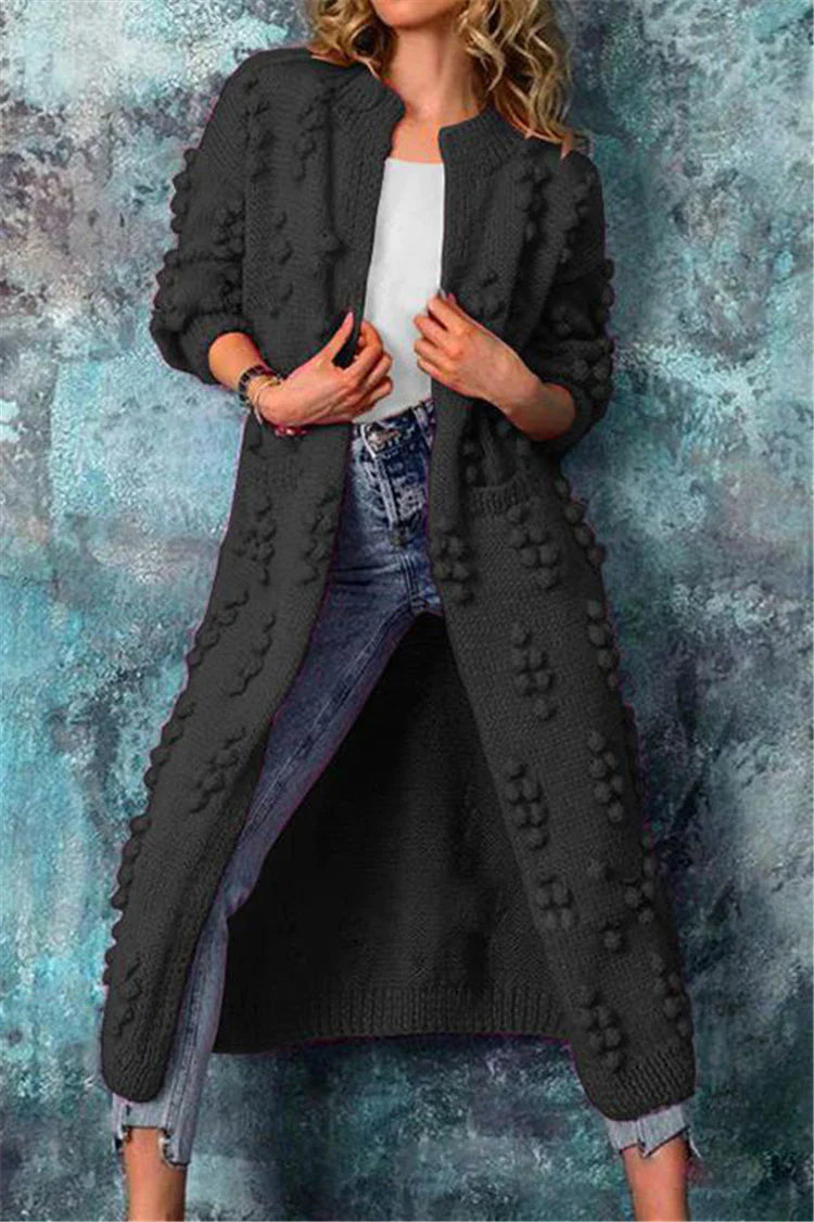Kacob | Women's Long Knitted Cardigan with Pom Poms – Longline Winter Cardigan