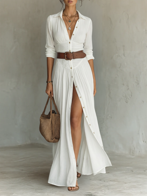 Kacob | Women's Long Sleeve Collared Maxi Dress – Pleated Shirt Dress