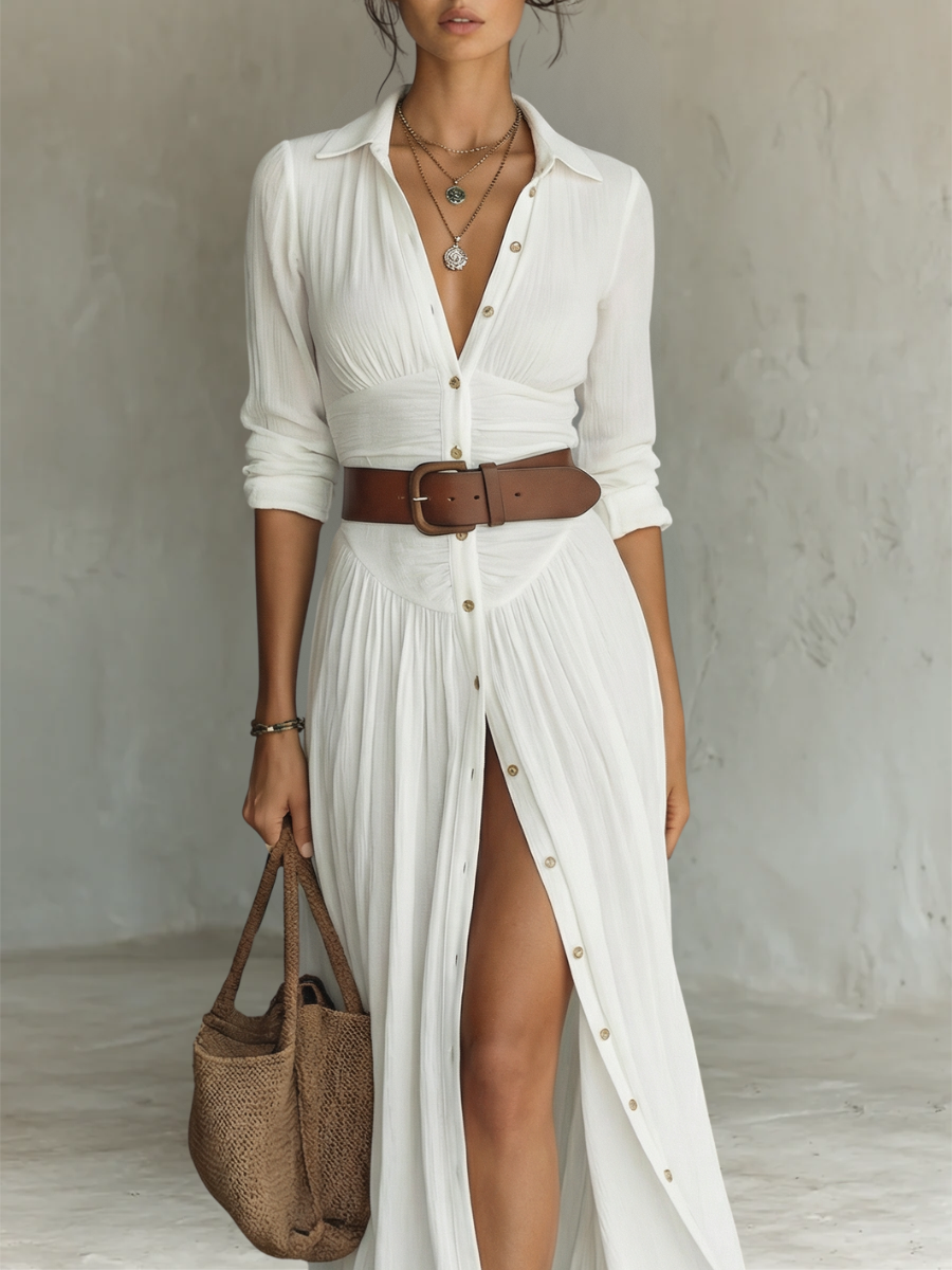 Kacob | Women's Long Sleeve Collared Maxi Dress – Pleated Shirt Dress