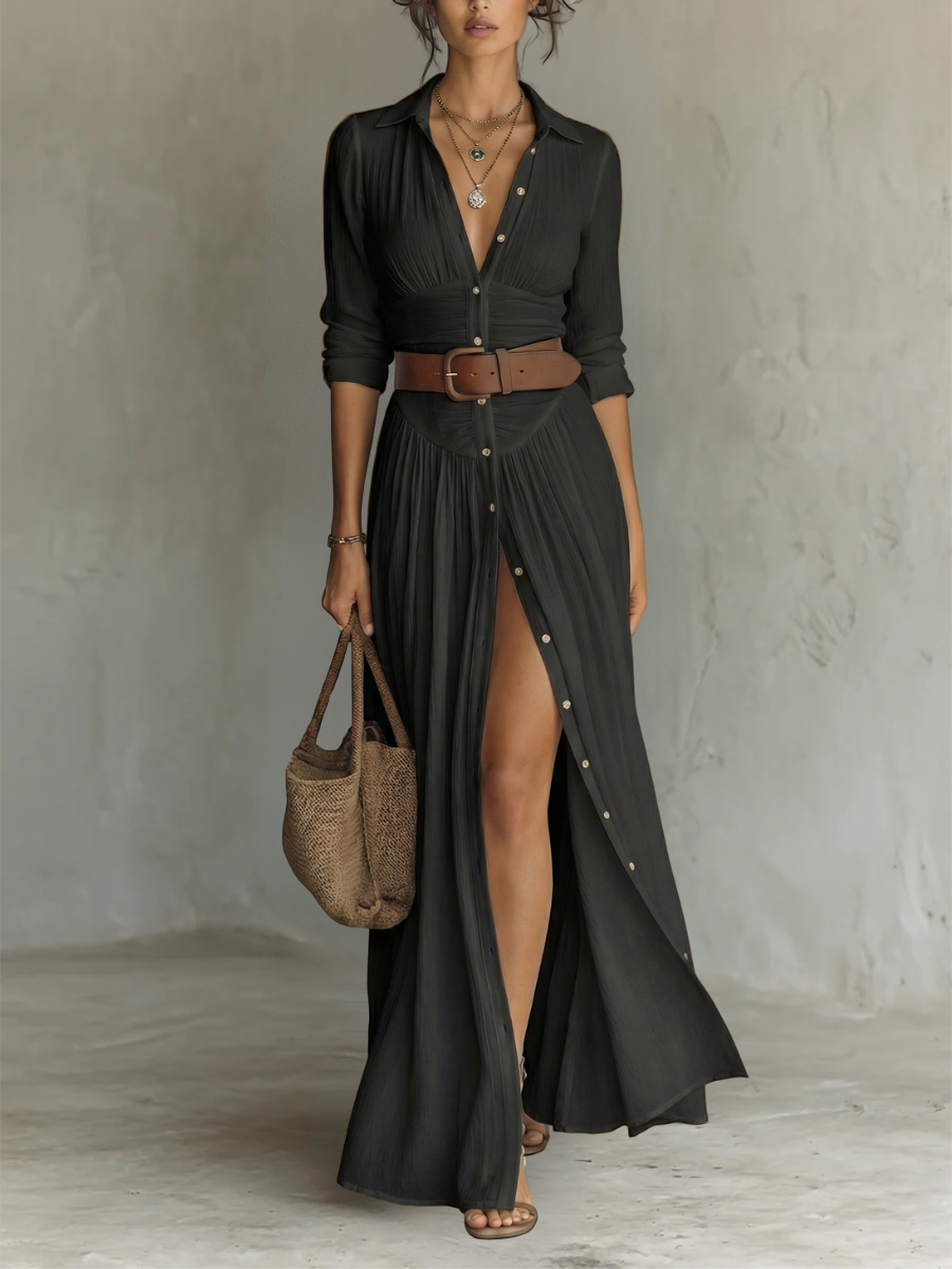 Kacob | Women's Long Sleeve Collared Maxi Dress – Pleated Shirt Dress