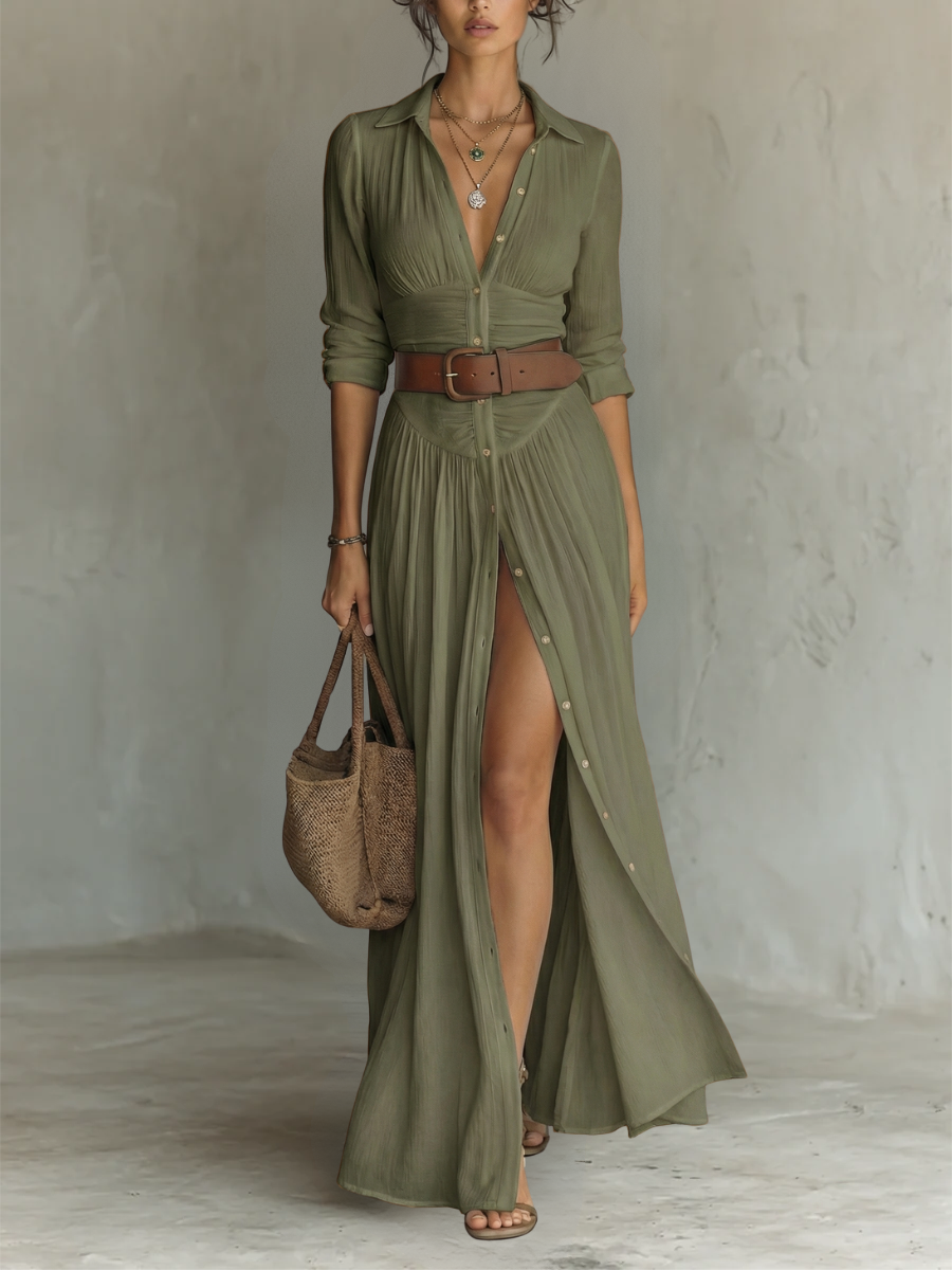 Kacob | Women's Long Sleeve Collared Maxi Dress – Pleated Shirt Dress