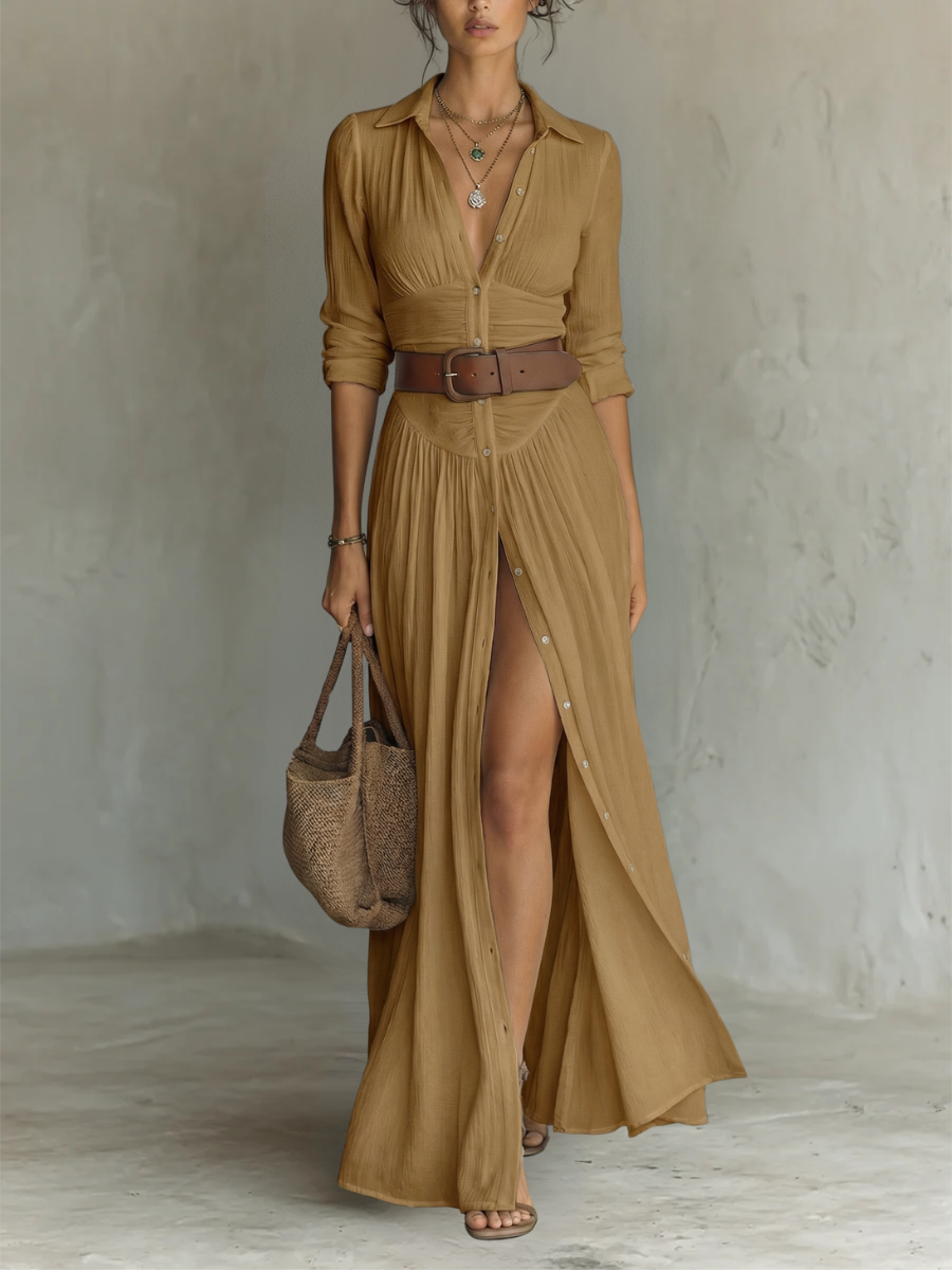 Kacob | Women's Long Sleeve Collared Maxi Dress – Pleated Shirt Dress