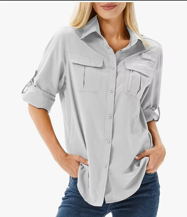 Women's Long Sleeve Outdoor Shirt with Roll Tab Sleeves – Button Front Hiking Shirt with Pockets