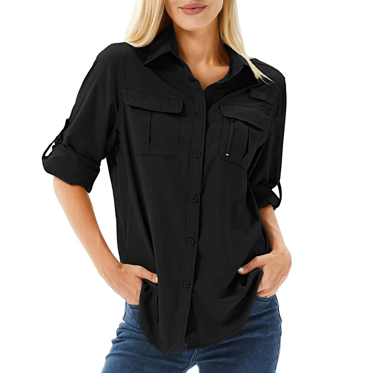 Women's Long Sleeve Outdoor Shirt with Roll Tab Sleeves – Button Front Hiking Shirt with Pockets