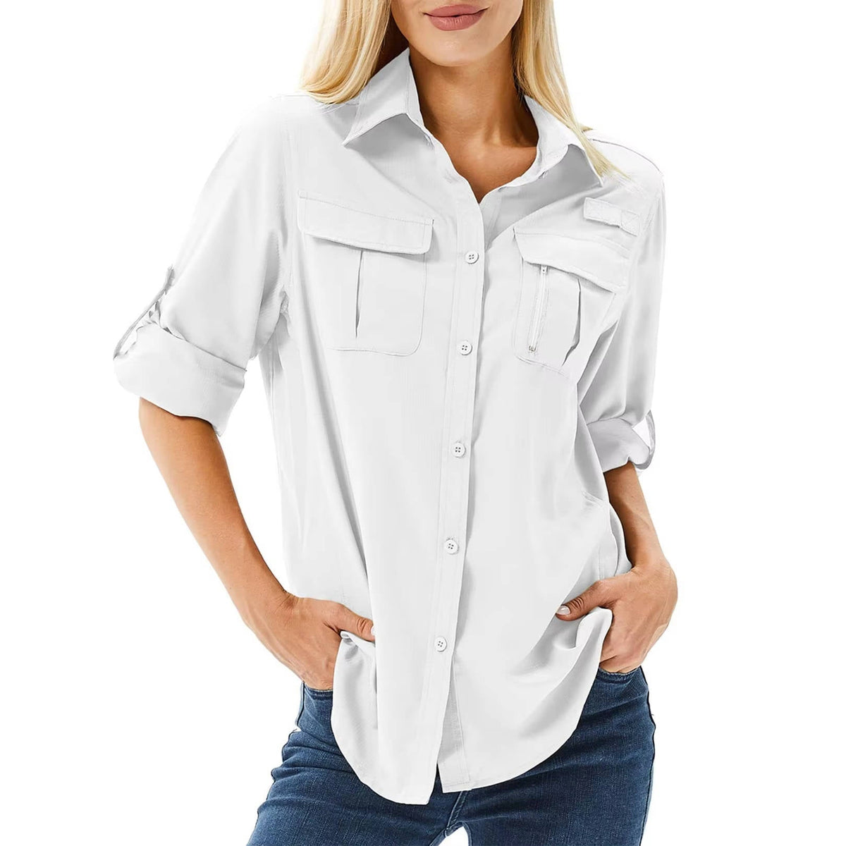 Women's Long Sleeve Outdoor Shirt with Roll Tab Sleeves – Button Front Hiking Shirt with Pockets