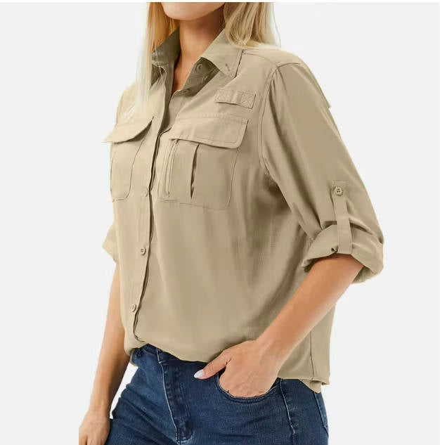 Women's Long Sleeve Outdoor Shirt with Roll Tab Sleeves – Button Front Hiking Shirt with Pockets