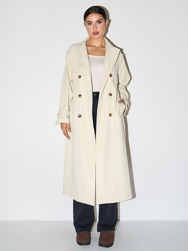 Kacob | Women's Long Trench Coat – Double Breasted Midi Mac with Belt