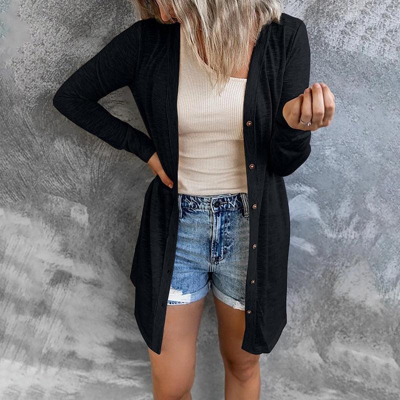 Women's Longline Button Front Cardigan – Fine Knit V Neck Duster