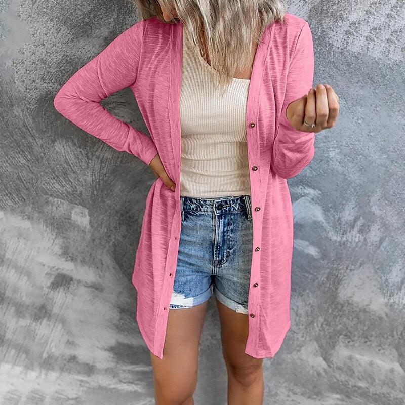 Women's Longline Button Front Cardigan – Fine Knit V Neck Duster