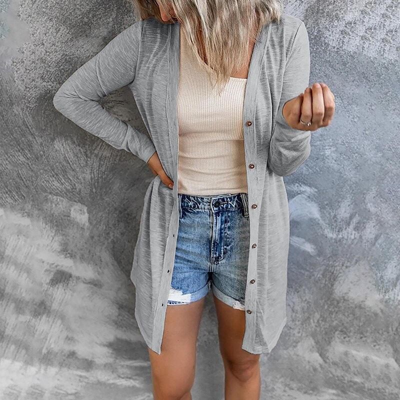 Women's Longline Button Front Cardigan – Fine Knit V Neck Duster