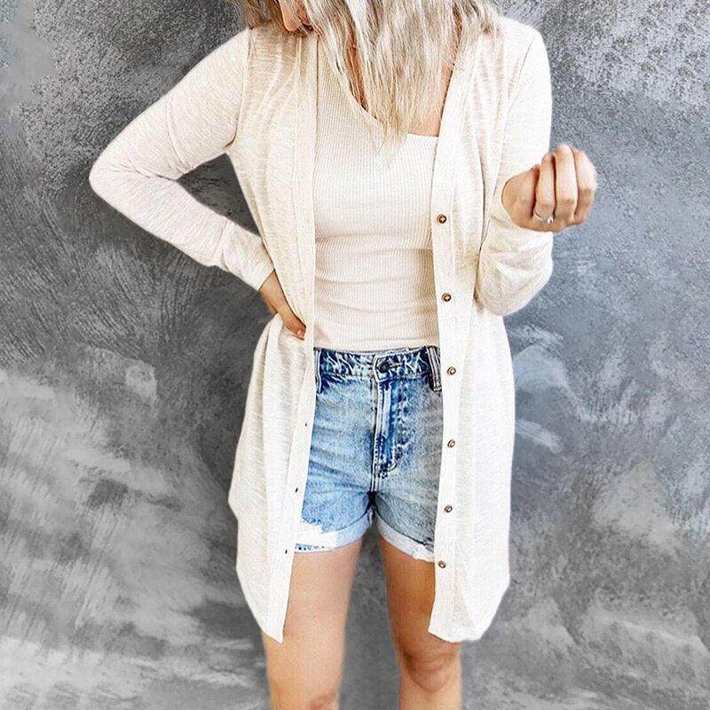 Women's Longline Button Front Cardigan – Fine Knit V Neck Duster