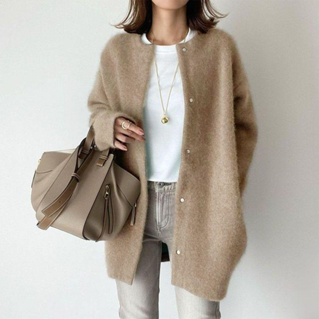 Kacob | Women's Longline Fluffy Knit Cardigan – Collarless Button Front Oversized Coatigan