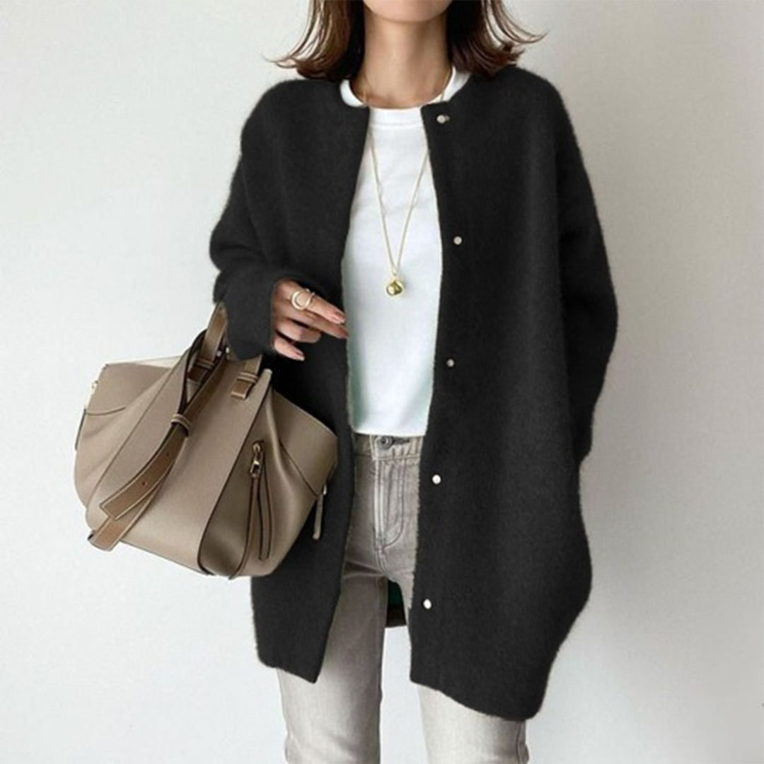 Kacob | Women's Longline Fluffy Knit Cardigan – Collarless Button Front Oversized Coatigan
