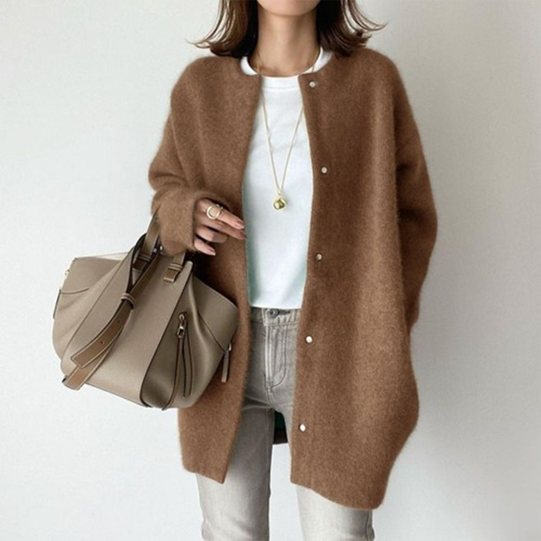 Kacob | Women's Longline Fluffy Knit Cardigan – Collarless Button Front Oversized Coatigan