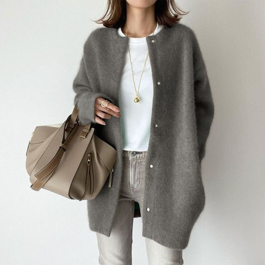 Kacob | Women's Longline Fluffy Knit Cardigan – Collarless Button Front Oversized Coatigan