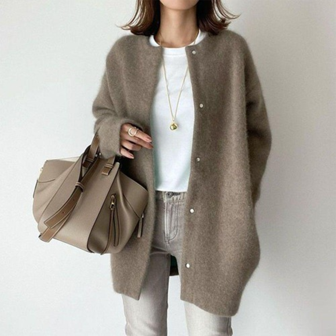 Kacob | Women's Longline Fluffy Knit Cardigan – Collarless Button Front Oversized Coatigan