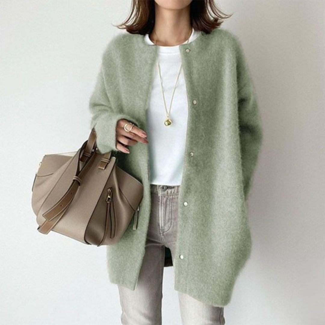 Kacob | Women's Longline Fluffy Knit Cardigan – Collarless Button Front Oversized Coatigan