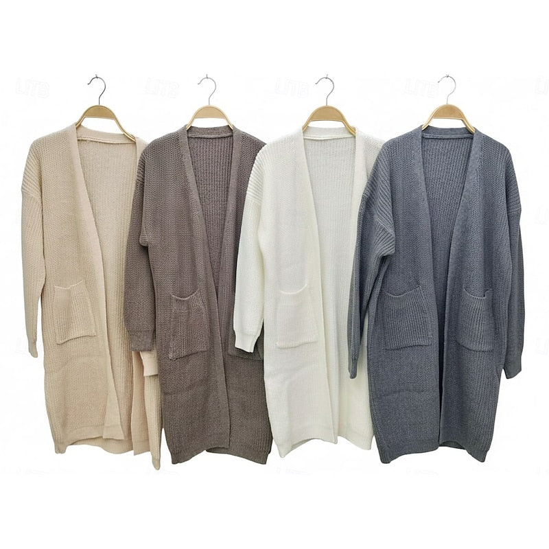 Kacob | Women's Longline Open Front Ribbed Cardigan – Long Knitted Cardigan with Pockets