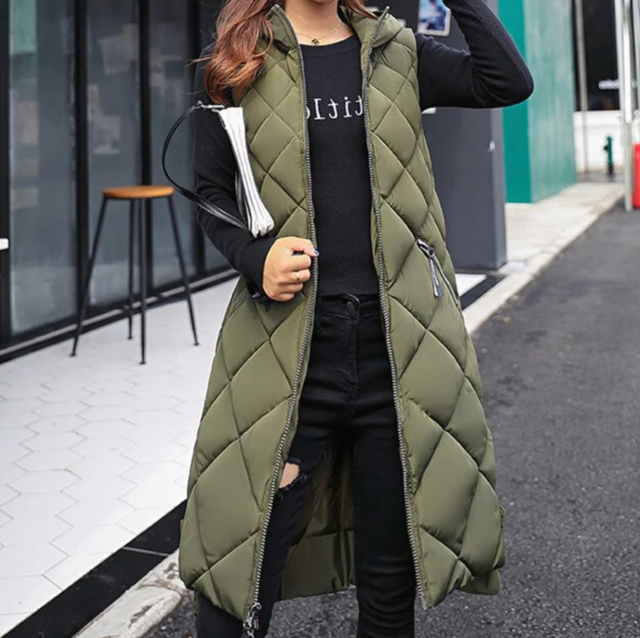 Kacob | Women's Longline Puffer Gilet – Hooded Quilted Sleeveless Coat
