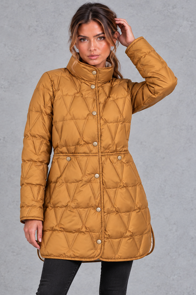 Kacob | Women's Longline Quilted Puffer Coat – Stand Collar Tailored Waist Coat