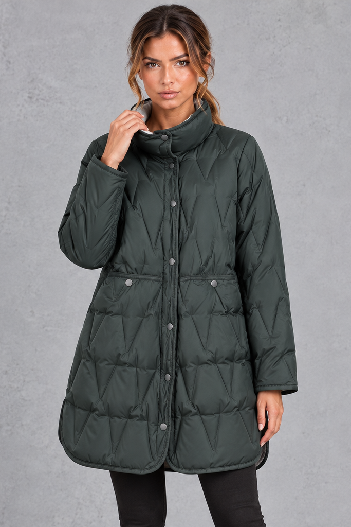 Kacob | Women's Longline Quilted Puffer Coat – Stand Collar Tailored Waist Coat