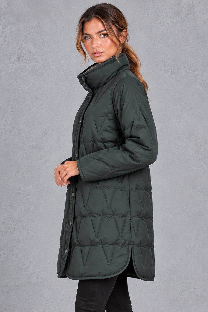 Kacob | Women's Longline Quilted Puffer Coat – Stand Collar Tailored Waist Coat