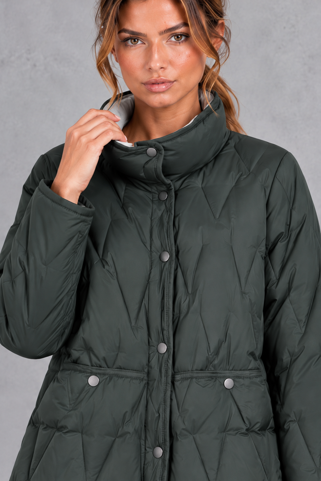 Kacob | Women's Longline Quilted Puffer Coat – Stand Collar Tailored Waist Coat