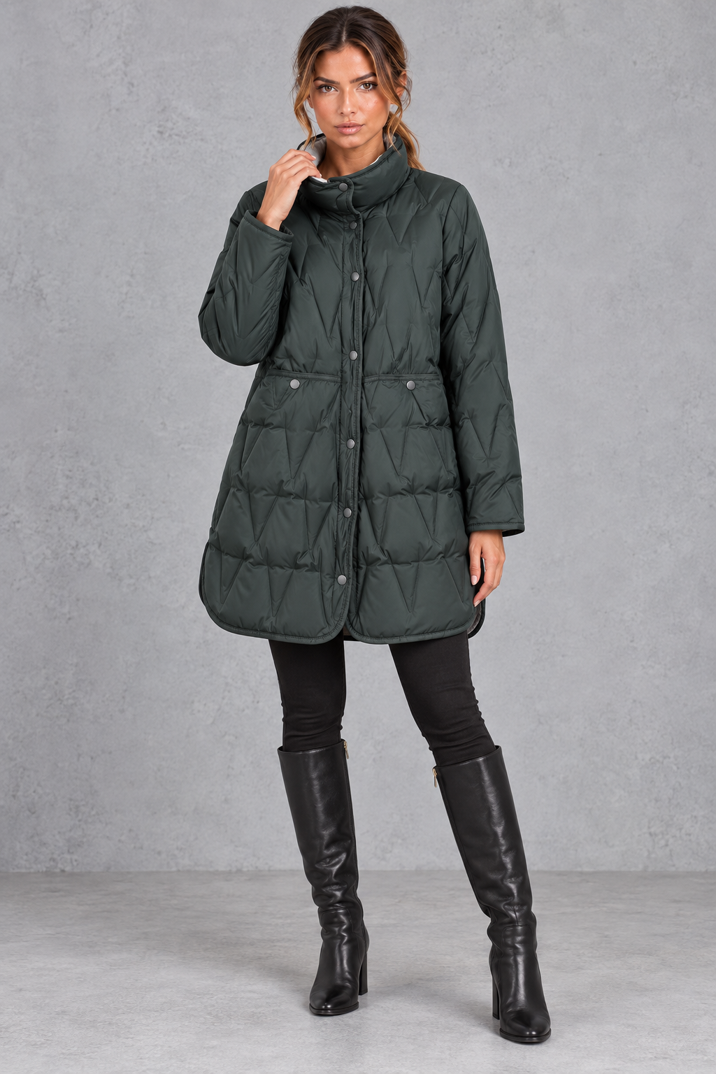 Kacob | Women's Longline Quilted Puffer Coat – Stand Collar Tailored Waist Coat