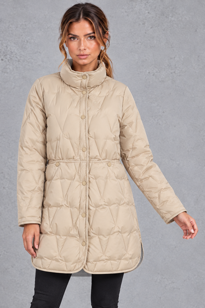 Kacob | Women's Longline Quilted Puffer Coat – Stand Collar Tailored Waist Coat