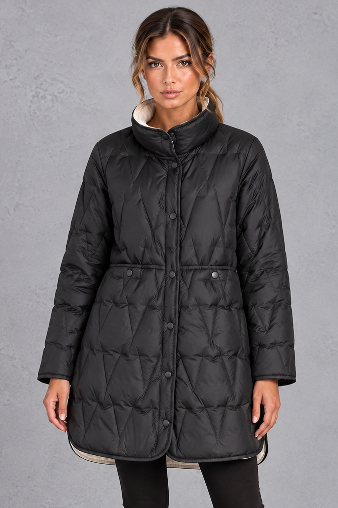 Kacob | Women's Longline Quilted Puffer Coat – Stand Collar Tailored Waist Coat