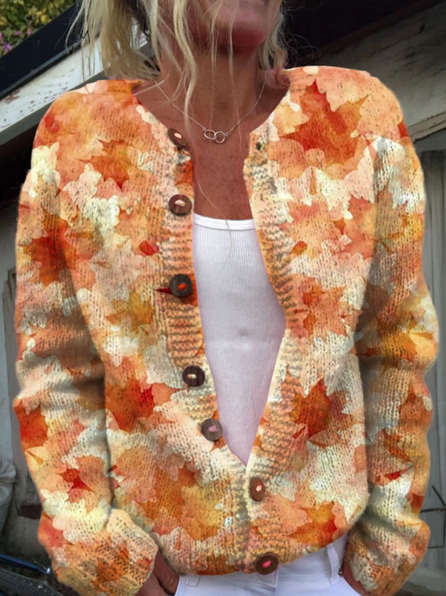 Kacob | Women's Maple Leaf Print Knitted Cardigan – Button Front Autumn Cardigan