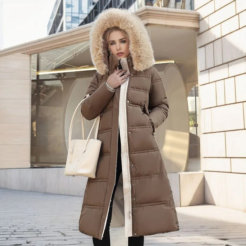 Kacob | Women's Maxi Puffer Coat – Faux Fur Trim Hood Long Padded Coat