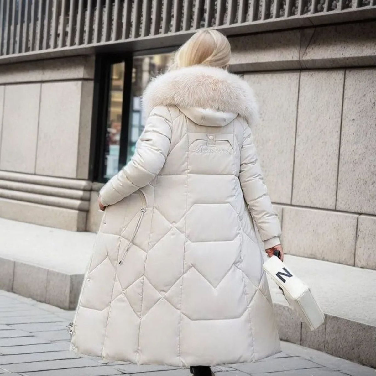 Kacob | Women's Maxi Puffer Coat – Long Quilted Coat with Faux Fur Hood