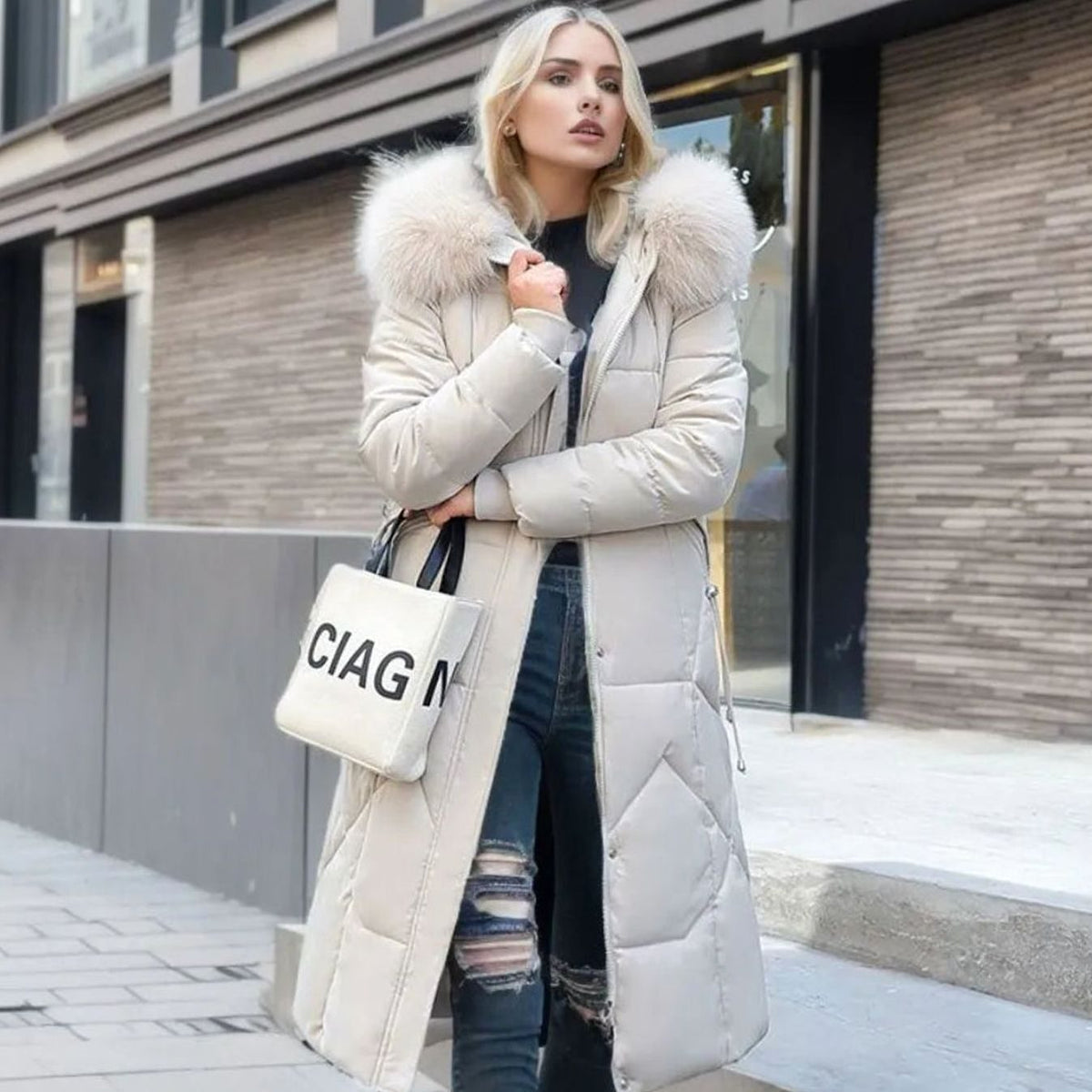 Kacob | Women's Maxi Puffer Coat – Long Quilted Coat with Faux Fur Hood