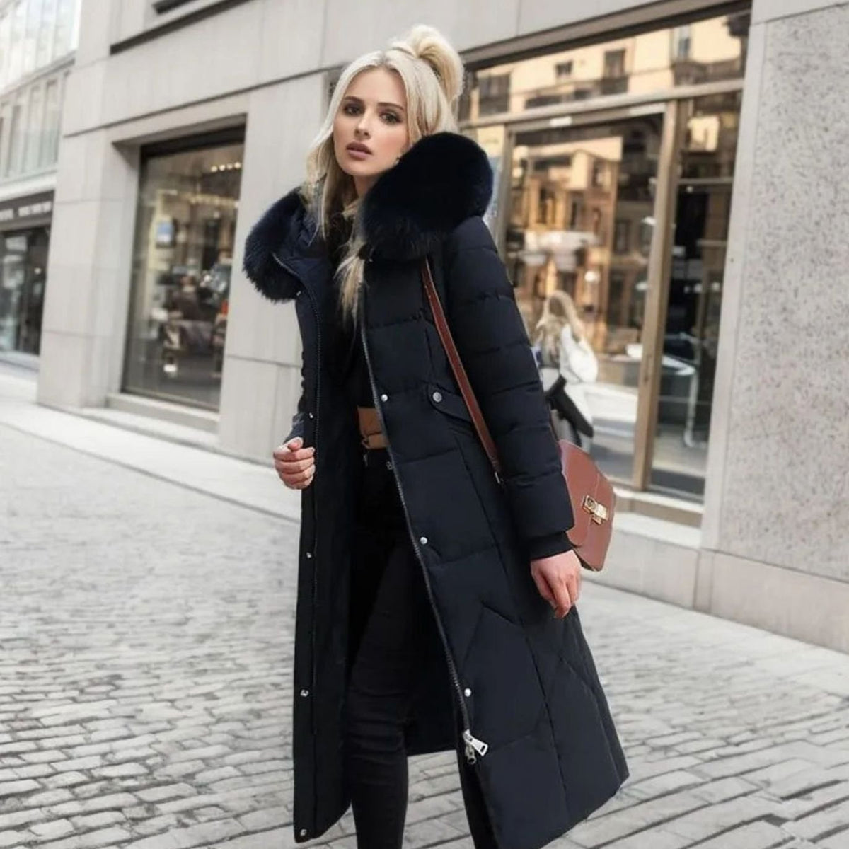 Kacob | Women's Maxi Puffer Coat – Long Quilted Coat with Faux Fur Hood