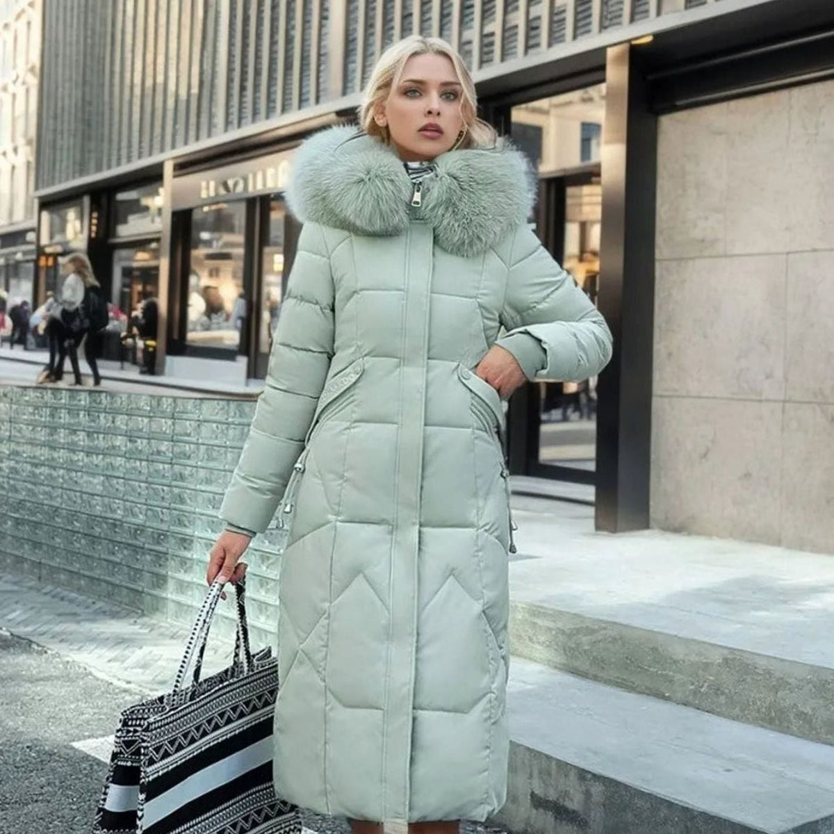 Kacob | Women's Maxi Puffer Coat – Long Quilted Coat with Faux Fur Hood