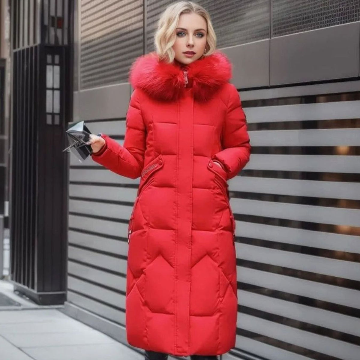 Kacob | Women's Maxi Puffer Coat – Long Quilted Coat with Faux Fur Hood