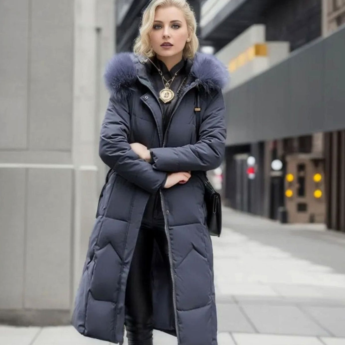 Kacob | Women's Maxi Puffer Coat – Long Quilted Coat with Faux Fur Hood