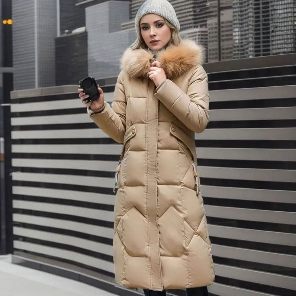 Kacob | Women's Maxi Puffer Coat – Long Quilted Coat with Faux Fur Hood