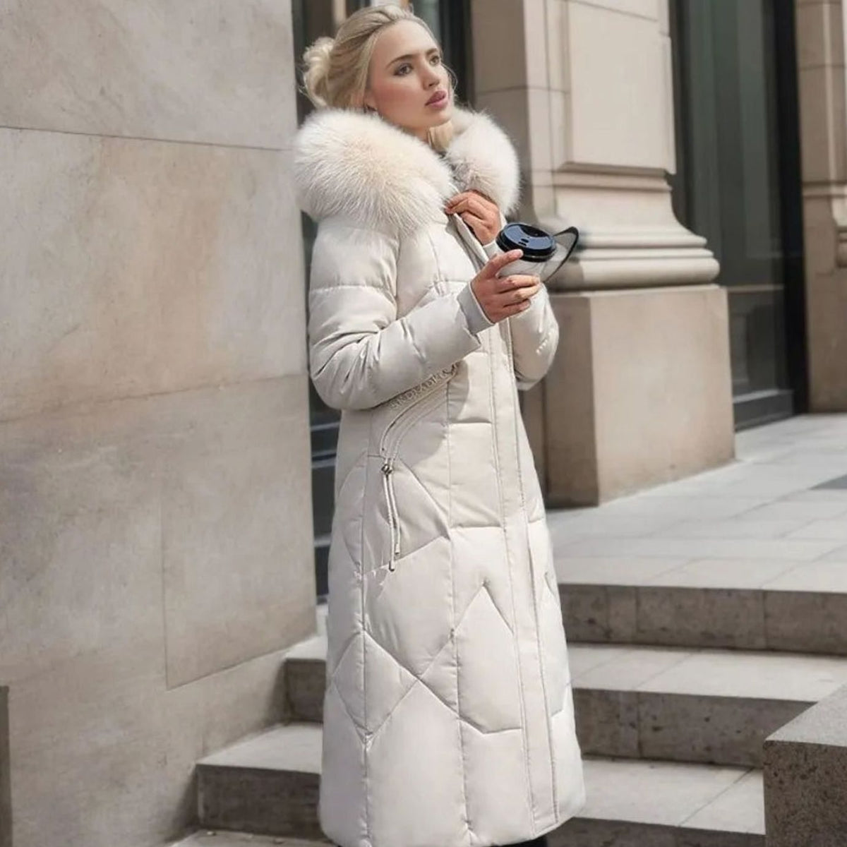 Kacob | Women's Maxi Puffer Coat – Long Quilted Coat with Faux Fur Hood