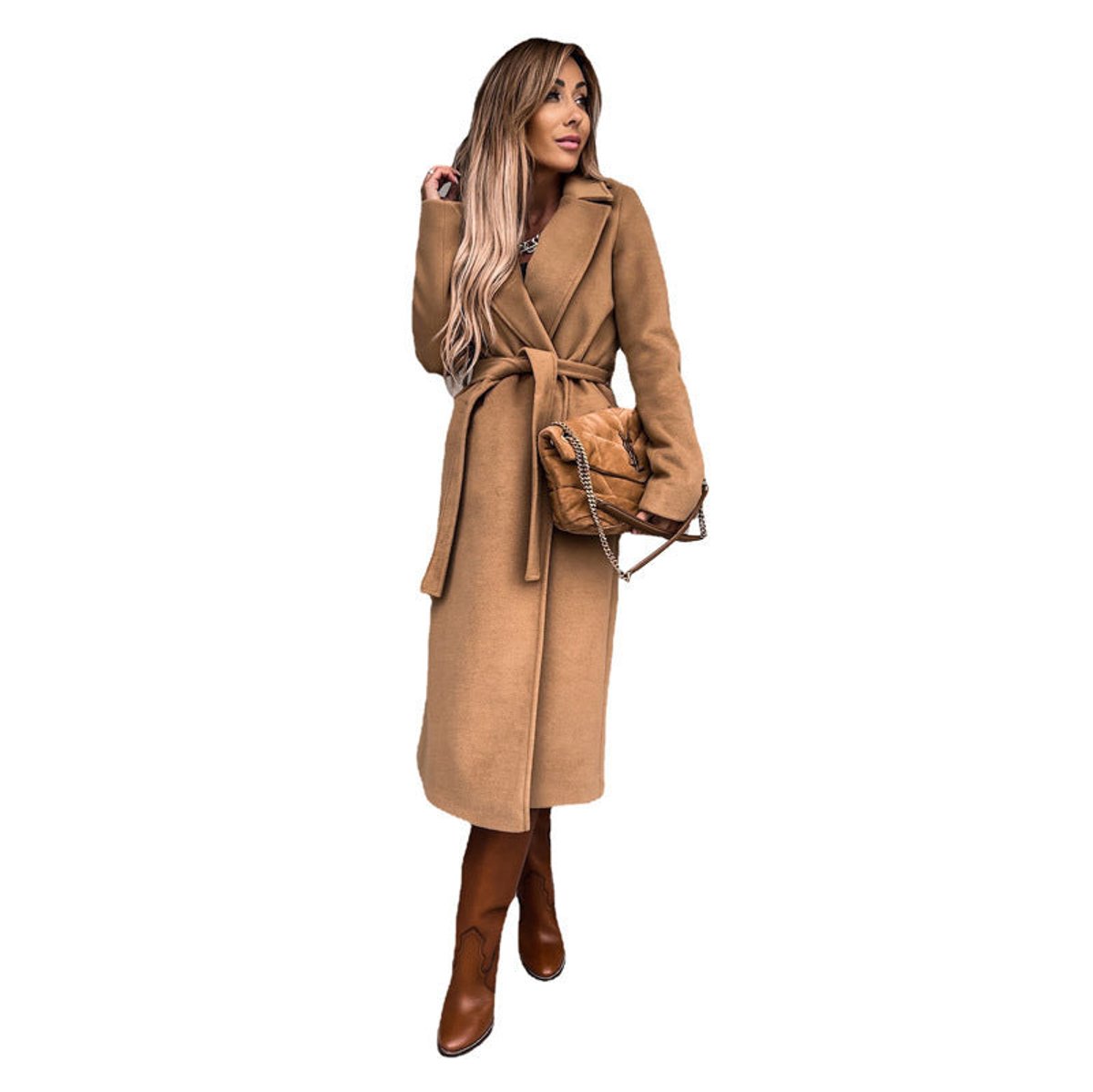 Kacob | Women's Midi Trench Coat – Belted Notch Lapel Wrap Coat